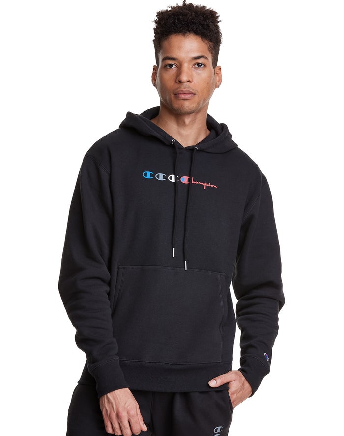 Champion Classic Fleece Triple Logo Erkek Kapşonlu Sweatshirt Siyah ( PGXKJE913 )